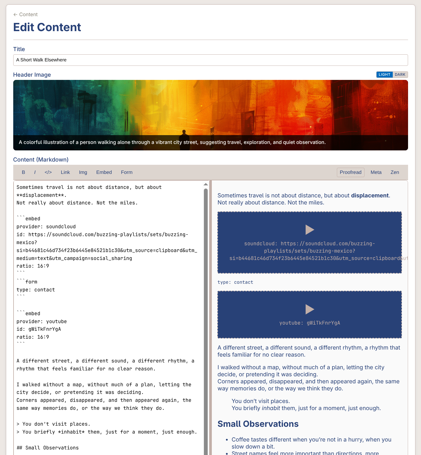 Clio content editor with live preview