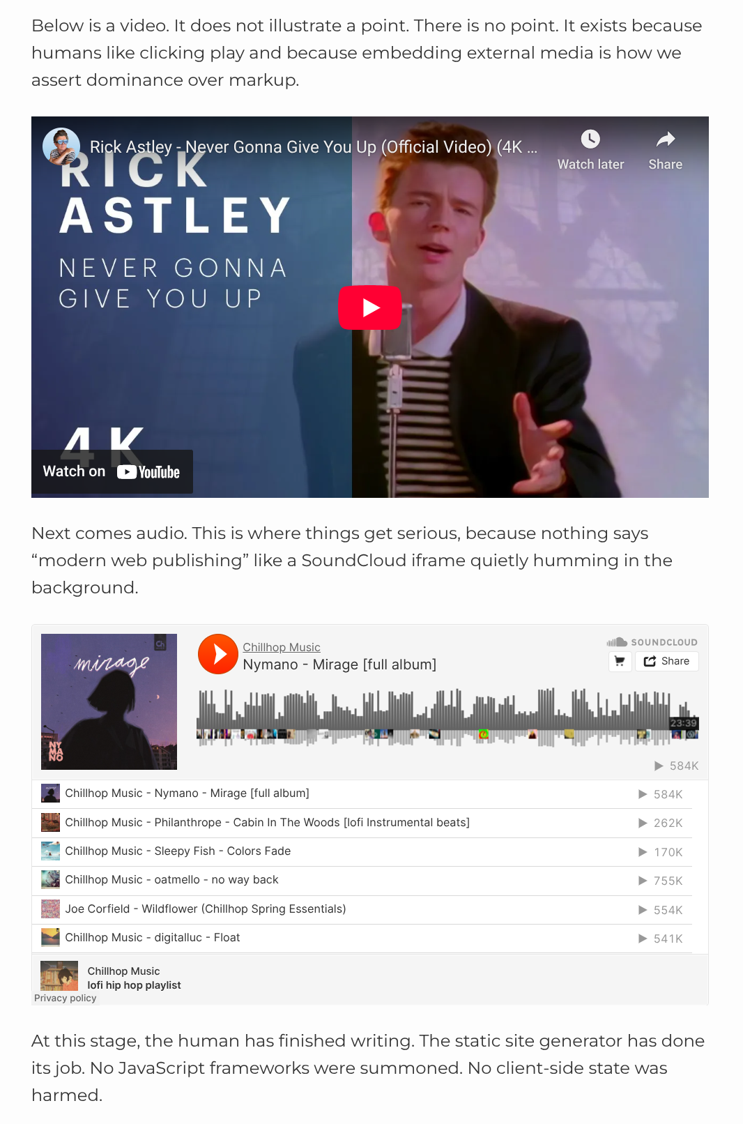 Clio generated post with embedded YouTube video and SoundCloud player