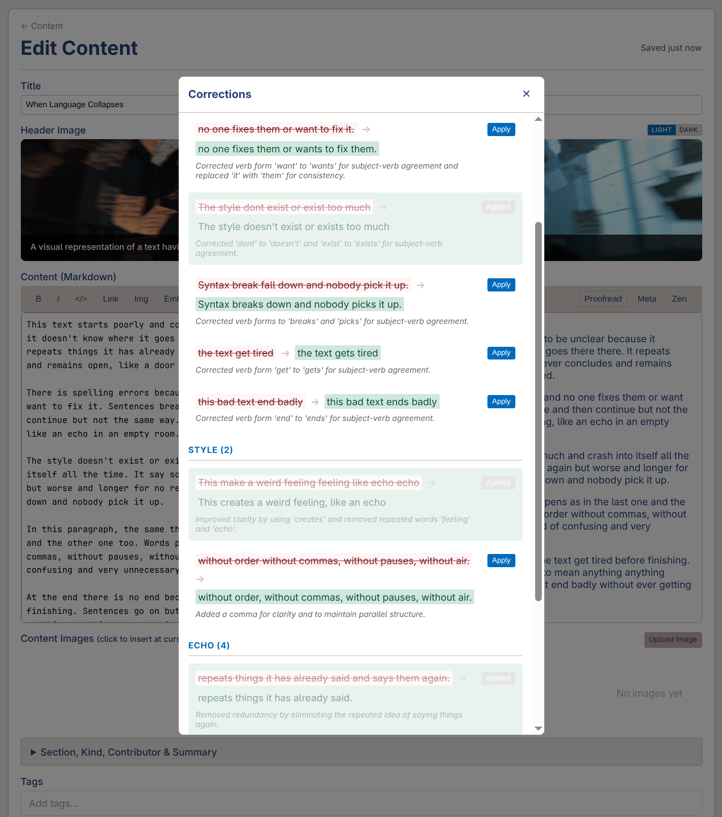 Clio proofreading corrections view showing echoes and style suggestions