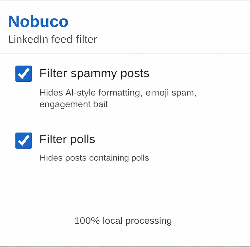 Nobuco popup showing filter options for spammy posts and polls